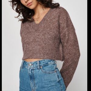 Garage Cropped V Neck Preppy Heather Brown and White “Hairy” Eloise Sweater